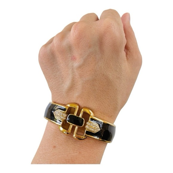 Stella & Dot Duchess Buckle Bangle Gold Tone Black and Rhinestones - Picture 2 of 4